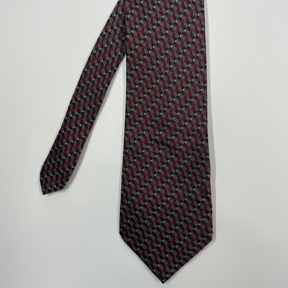Valerio Garati Burgundy Grey Geometric Silk Necktie Mens OS
